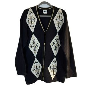 Leslie Fay Vintage 80s Oversized Cardigan Sweater Womens XL Black & Gold